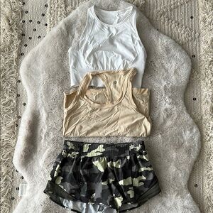 lululemon athletica White and Beige Tops with Black Camo Shorts